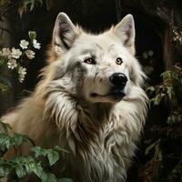 retrato do uma branco lobo. Lobo dentro a caprichoso floresta. ai generativo foto