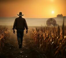 uma agricultor passos largos com confiança através uma milho campo, a cedo alvorecer luz fundição uma □ Gentil brilho sobre a alta talos. ai gerado foto