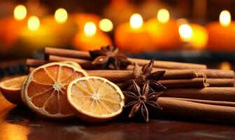 meticulosamente arranjado configuração do tradicional Natal especiarias, canela Gravetos, Estrela anis, e cravo, harmoniosamente combinado com seco laranja fatias e rústico pinho cones. ai gerado foto