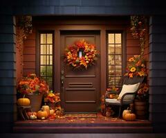 belas montado outono guirlanda enfeitando uma rico Castanho frente porta. ai gerado foto