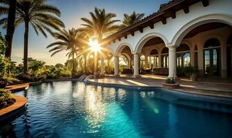 deslumbrante casa exterior banhado dentro luz solar, acompanhado de uma grande natação piscina este brilha debaixo a Claro azul céu. ai gerado foto