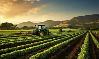 extenso agrícola Fazenda apresentando Campos do plantações. ai gerado foto