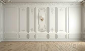 elegante esvaziar quarto apresentando uma imaculado branco parede adornado com clássico estilo molduras. ai gerado foto