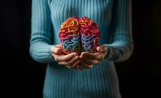 mulher mãos segurando multicolorido fio em forma gostar uma cérebro, capturando a essência do mental saúde proteção. ai gerado foto