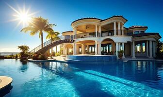 deslumbrante casa exterior banhado dentro luz solar, acompanhado de uma grande natação piscina este brilha debaixo a Claro azul céu. ai gerado foto