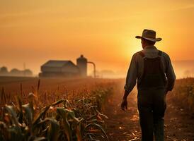 uma agricultor passos largos com confiança através uma milho campo, a cedo alvorecer luz fundição uma □ Gentil brilho sobre a alta talos. ai gerado foto