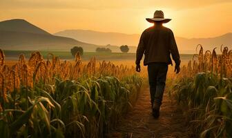 uma agricultor passos largos com confiança através uma milho campo, a cedo alvorecer luz fundição uma □ Gentil brilho sobre a alta talos. ai gerado foto