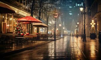 cidade rua imerso dentro a encantador brilho do festivo luzes em uma Natal noite. ai gerado foto