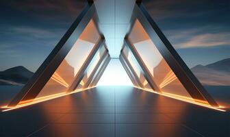 esvaziar grandes luz corredor projetado Como uma futurista ficção científica triângulo túnel. ai gerado foto