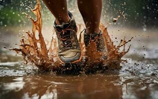 uma baixo ângulo capturando a pernas e corrida sapatos do uma jovem mulher Como elas greve a molhado chão. ai gerado foto