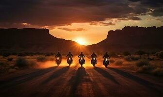 uma grupo do motocicleta cavaleiros cruzeiro juntos em uma estrada. ai gerado foto