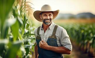 uma moderno agricultor em pé dentro uma milho campo. ai gerado foto