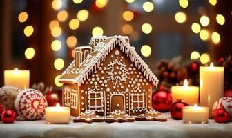 Pão de gengibre casa intrincadamente decorado com Esmalte, em pé em uma mesa adornado com Natal decorações. ai gerado foto