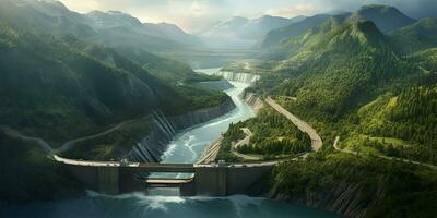 hidroelétrica poder barragem abrangendo uma rio aninhado no meio áspero montanha terreno. ai gerado foto
