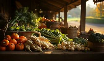 movimentado outono agricultores mercado transbordante com uma colorida matriz do abóboras e fresco outonal legumes. ai gerado foto