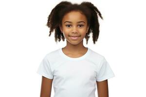 fofa africano americano menina modelo com Preto encaracolado cabelo dentro branco camiseta em branco fundo. fechar-se. menina sorri. cópia de espaço. brincar. roupas loja, imprimir, anúncio, bandeira, poster, ai gerado foto