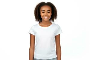 fofa africano americano menina modelo com Preto encaracolado cabelo dentro branco camiseta em branco fundo. cópia de espaço. fechar-se. menina sorri. brincar. roupas loja, imprimir, anúncio, bandeira, poster, ai gerado foto