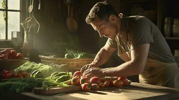 uma especializado agricultor herdeiro sortes recentemente colhido legumes e vegetação dentro uma rústico cozinha. a legumes estão espalhar Fora em uma de madeira mesa. agricultura, agricultura, orgânico eco Comida ai gerado foto