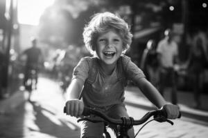 criança Garoto passeios uma bicicleta. Preto e branco fotografia. generativo ai. foto