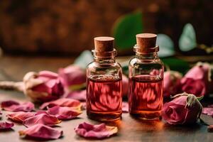 rosa essencial óleo ao lado rosa e rosa folhas em uma mesa ai gerado foto