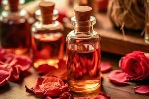 rosa essencial óleo ao lado rosa e rosa folhas em uma mesa ai gerado foto