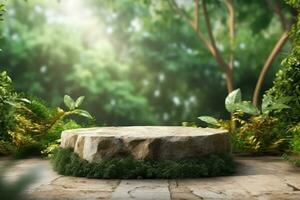 3d Renderização pedra produtos exibição pódio para produtos com verde natureza jardim fundo ai gerado foto