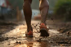 grupo do fechar de pernas corredores corrida em terra . atletismo dentro a lama. imagem gerado de ai. foto