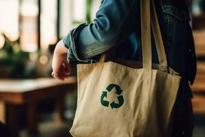 reciclar símbolo em mão e bolsa, sustentável e eco meio Ambiente conceito. generativo ai foto