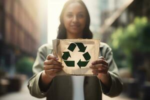 reciclar símbolo em mão e bolsa, sustentável e eco meio Ambiente conceito. generativo ai foto