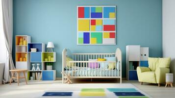 moderno brilhante crianças quarto interiores com arte papel de parede. ai gerado. foto