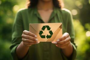 reciclar símbolo em mão e bolsa, sustentável e eco meio Ambiente conceito. generativo ai foto