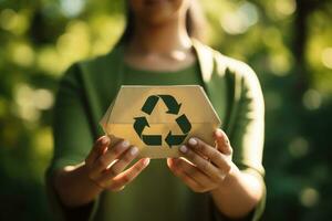 reciclar símbolo em mão e bolsa, sustentável e eco meio Ambiente conceito. generativo ai foto