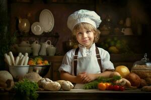 enérgico cozinhar criança Garoto cozinha. gerar ai foto