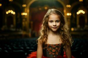 dotado ator menina dentro pequeno teatro. gerar ai foto