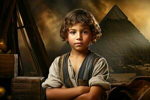 impressionante antigo egípcio pirâmide criança garoto. gerar ai foto