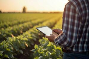 tecnológica usando tábua digital às agricultura campo. gerar ai foto