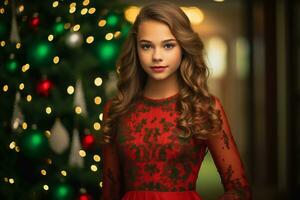 uma jovem menina vestindo vermelho e verde vestir dentro frente do a decorado Natal árvore ai generativo foto