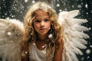 inocente jovem menina com grandes loiro cabelo com anjo asa ai generativo foto
