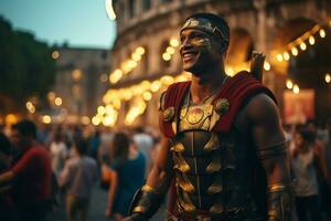 uma rua artista vestido Como uma romano gladiador uma foto do uma corredor correndo através uma cidade parque ai generativo