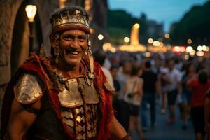 uma rua artista vestido Como uma romano gladiador uma foto do uma corredor correndo através uma cidade parque ai generativo