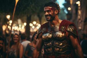 uma rua artista vestido Como uma romano gladiador uma foto do uma corredor correndo através uma cidade parque ai generativo