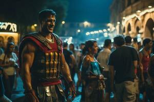 uma rua artista vestido Como uma romano gladiador uma foto do uma corredor correndo através uma cidade parque ai generativo