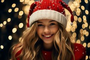 alegre menina desfrutando Natal celebração dentro inverno vestuário ai generativo foto