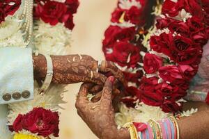 a noiva e noivo mãos segurando e mostrando Casamento argolas foto