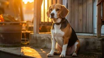 beagle sentado em varanda do casa esperando para a proprietário, animal Cuidado, mundo animal dia. ai gerado foto