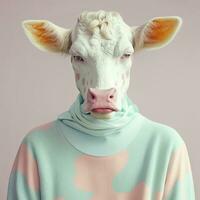 moda vaca dentro à moda suéter. pop arte moderno estilo e estilo de vida conceito. contemporâneo arte, criativo ideia. generativo ai foto