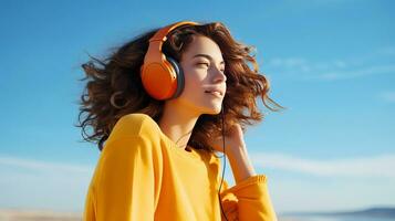 uma lindo menina dentro amarelo roupas e fones de ouvido escuta para música contra uma azul céu. ai gerado. foto