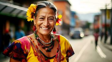 sorridente adulto idosos mulher a partir de Colômbia dentro tradicional nacional roupas contra a pano de fundo do uma cidade rua. ai gerado. foto