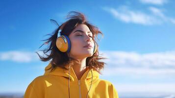 uma lindo menina dentro amarelo roupas e fones de ouvido escuta para música contra uma azul céu. ai gerado. foto