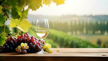 uma vidro do vinho e uma grupo do uvas, pano de fundo do uma panorama com vinhedos. ai gerado. foto